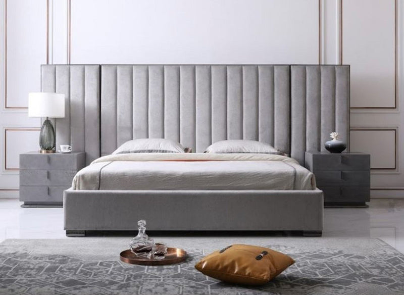 Bedroom Set - Modrest Buckley BEDROOM - Modern Grey & Black Stainless Steel Bed w/ Nightstands