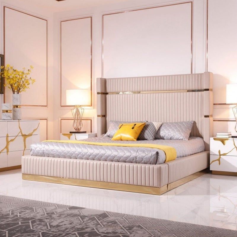 Bedroom Set - Modrest Aspen - Modern Beige + Rose Gold Bed + Nightstands