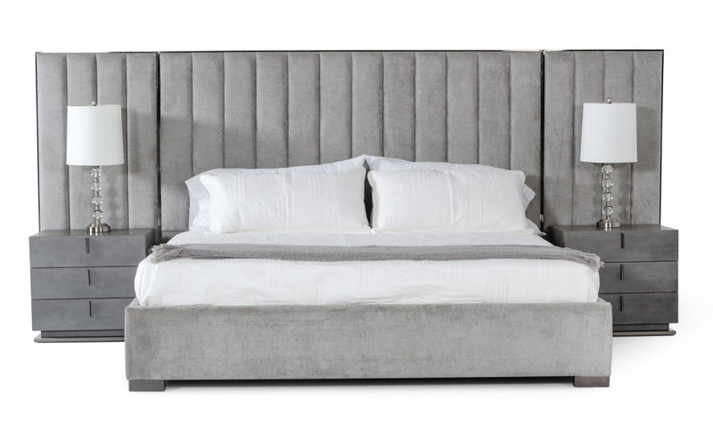 Bedroom Set - Modrest Buckley BEDROOM - Modern Grey & Black Stainless Steel Bed w/ Nightstands
