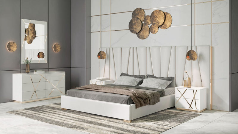 Bedroom Set - Modrest Nixa - Modern White + Rose Gold Bed + Nightstands